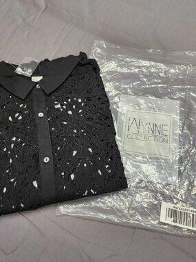 Wynne Collection Womens 3X Black Lace Blouse Short Sleeve Button Up Sheer Top